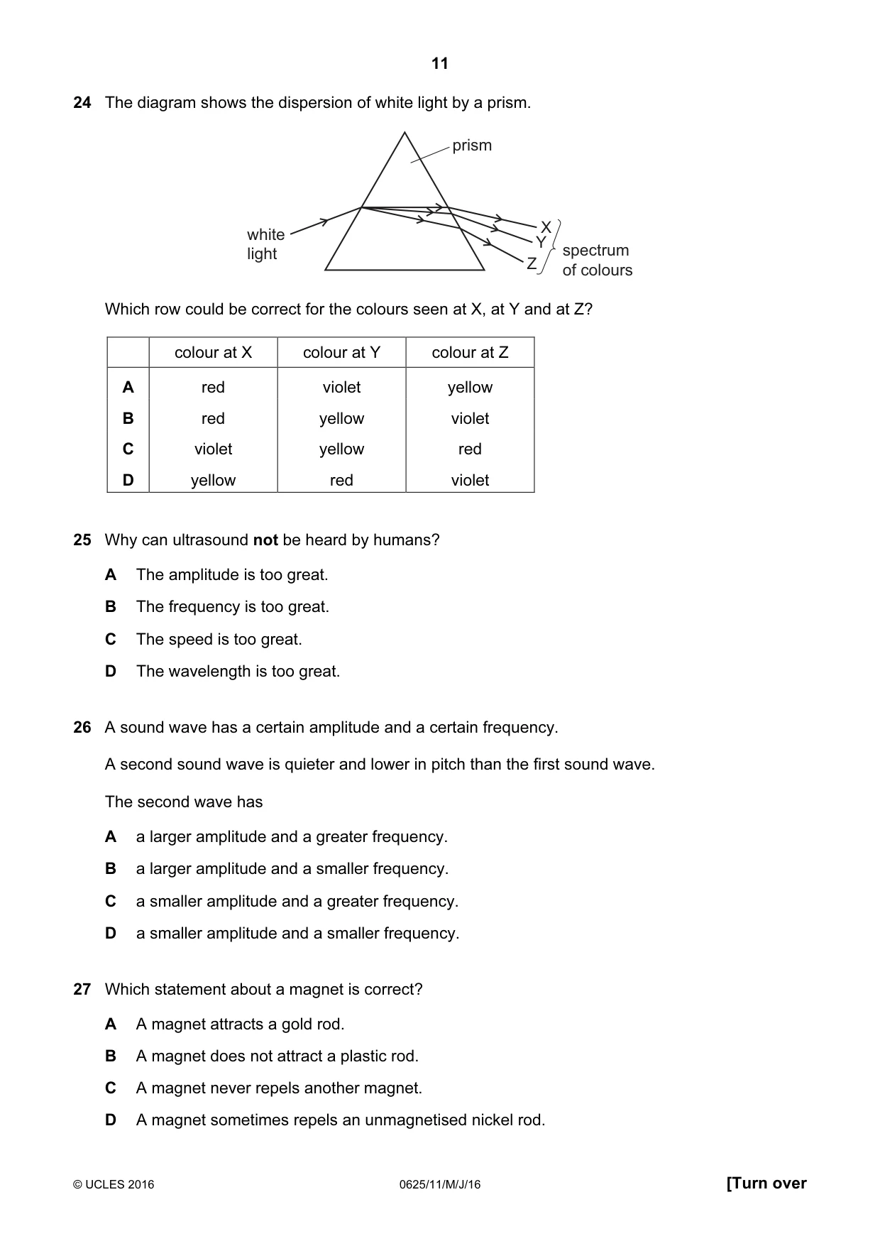 Cambridge IGCSE Physics 0625 2016 May/June Paper 1 · Variant 1 question paper, page 11 of 20