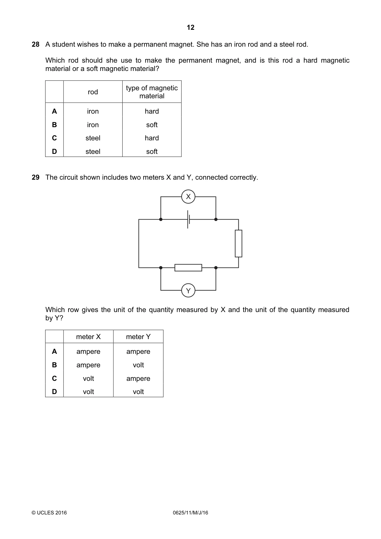 Cambridge IGCSE Physics 0625 2016 May/June Paper 1 · Variant 1 question paper, page 12 of 20