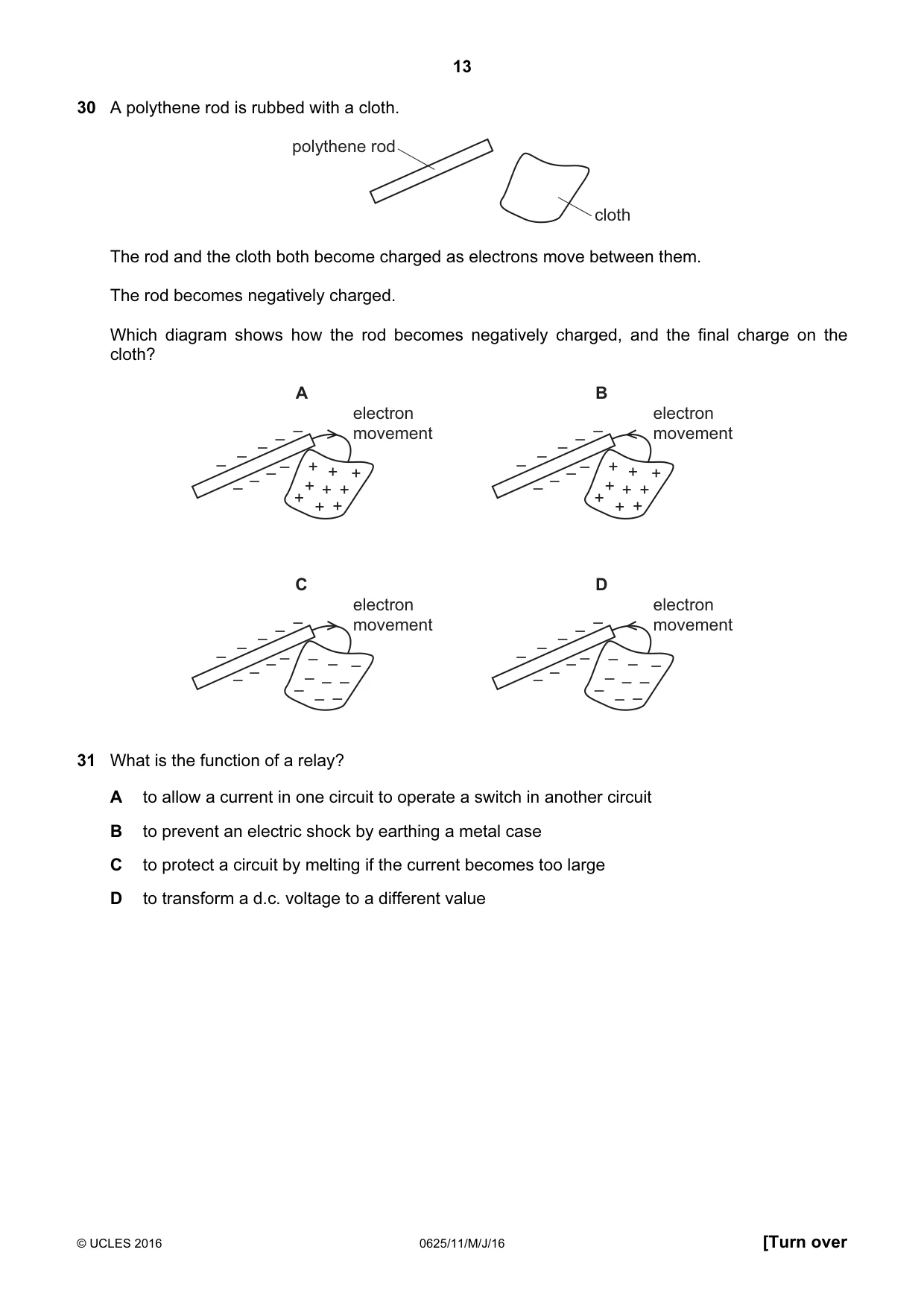Cambridge IGCSE Physics 0625 2016 May/June Paper 1 · Variant 1 question paper, page 13 of 20