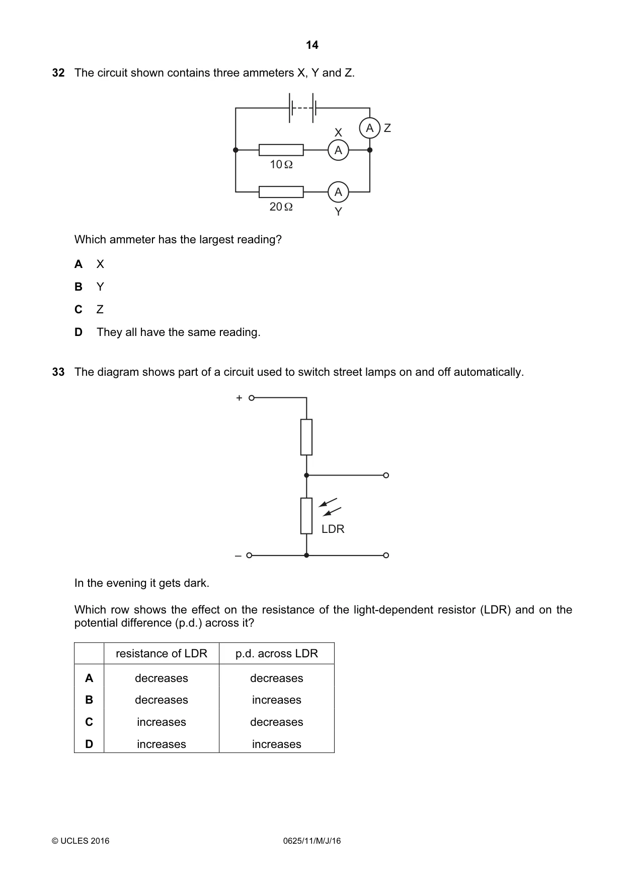 Cambridge IGCSE Physics 0625 2016 May/June Paper 1 · Variant 1 question paper, page 14 of 20