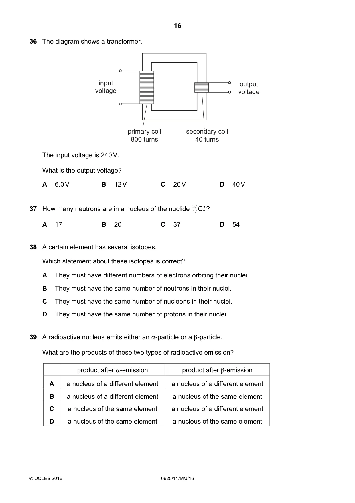 Cambridge IGCSE Physics 0625 2016 May/June Paper 1 · Variant 1 question paper, page 16 of 20