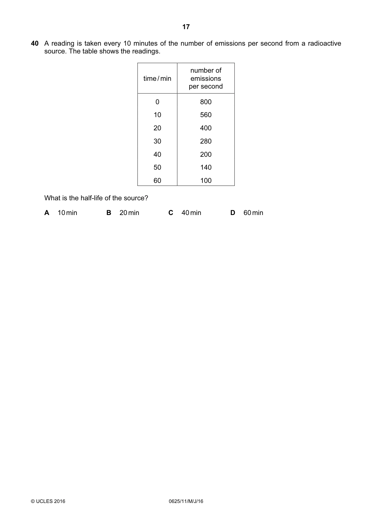 Cambridge IGCSE Physics 0625 2016 May/June Paper 1 · Variant 1 question paper, page 17 of 20