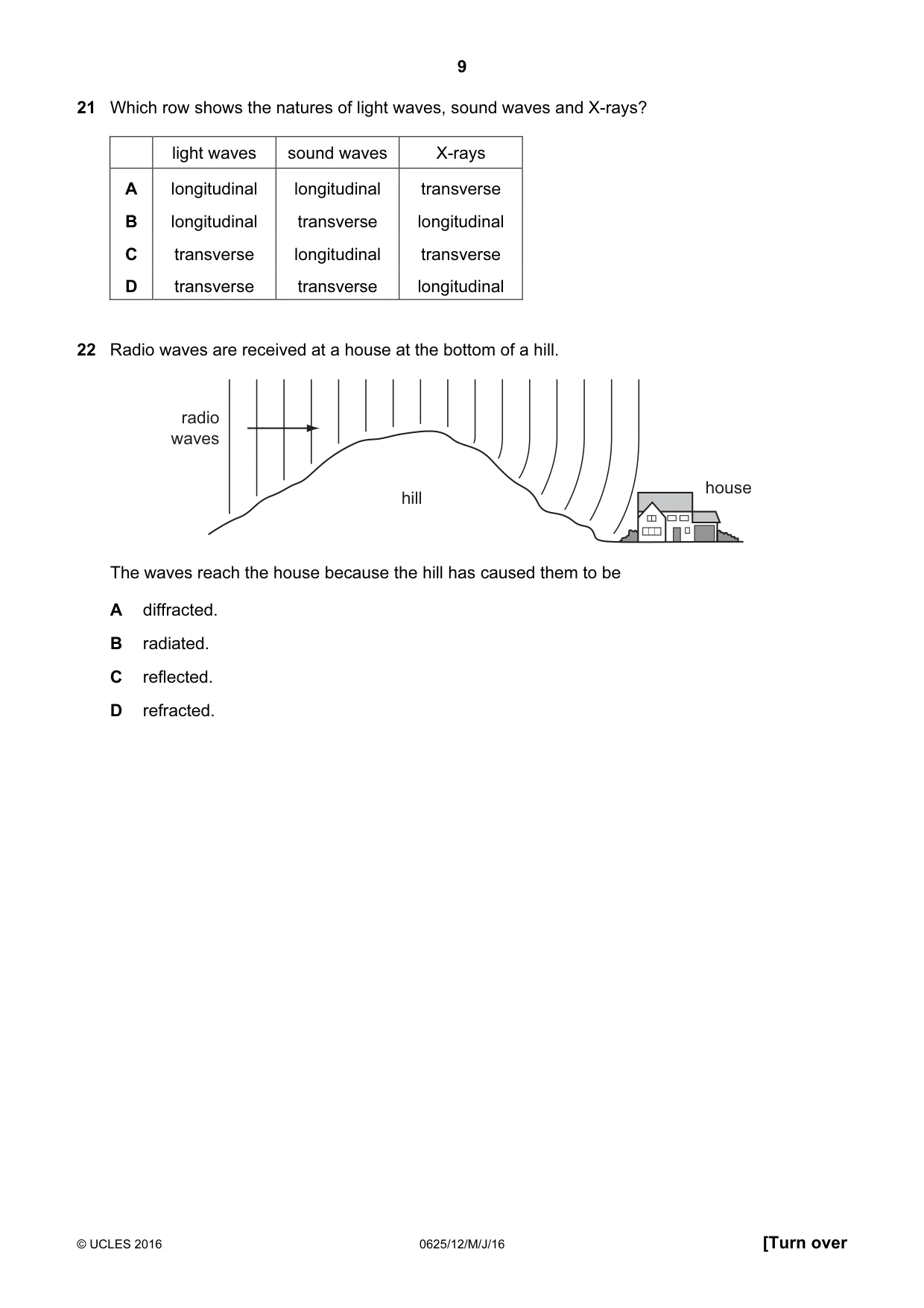 Cambridge IGCSE Physics 0625 2016 May/June Paper 1 · Variant 2 question paper, page 9 of 16