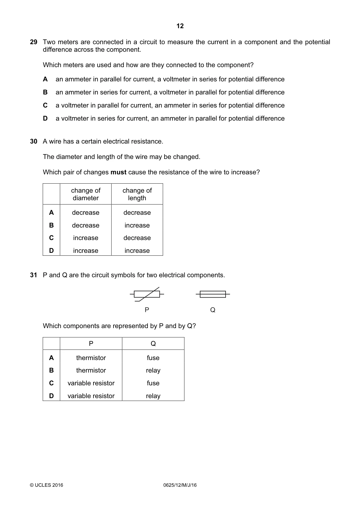 Cambridge IGCSE Physics 0625 2016 May/June Paper 1 · Variant 2 question paper, page 12 of 16
