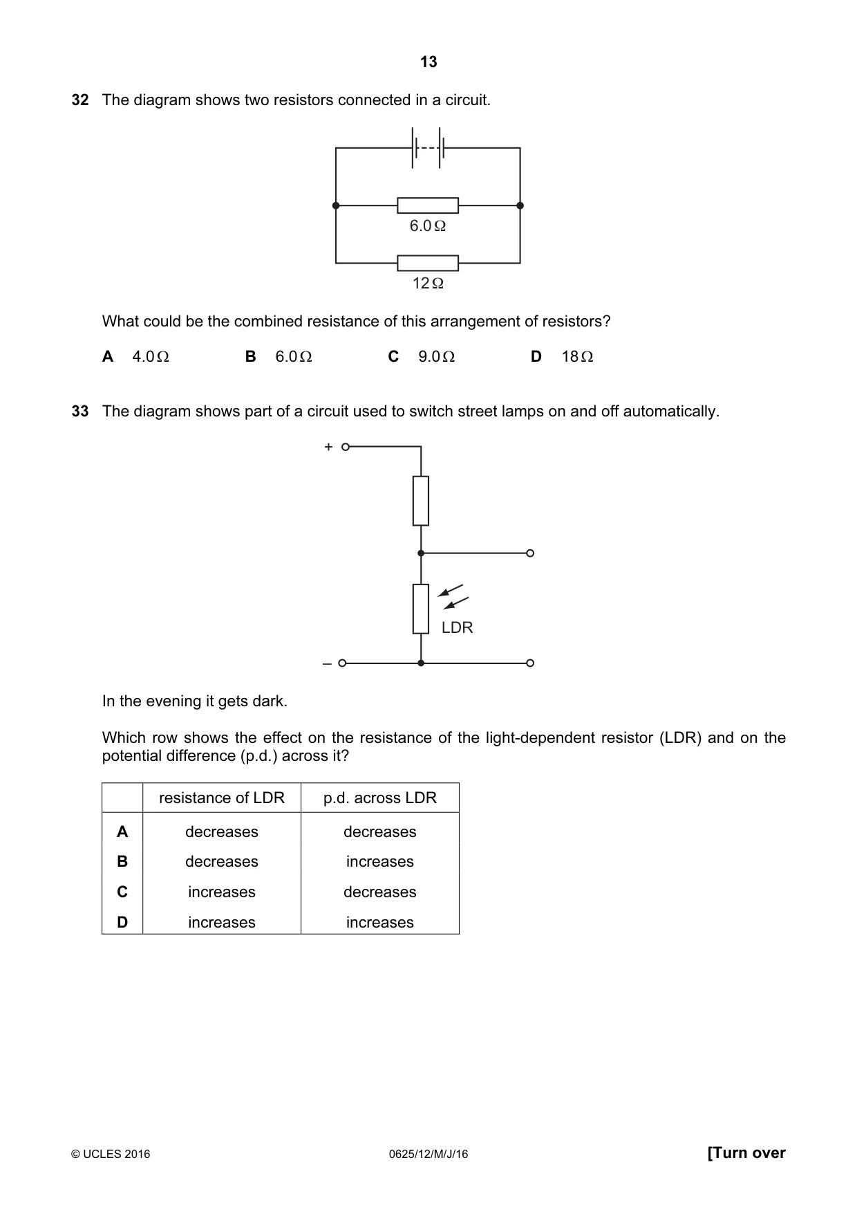 Cambridge IGCSE Physics 0625 2016 May/June Paper 1 · Variant 2 question paper, page 13 of 16