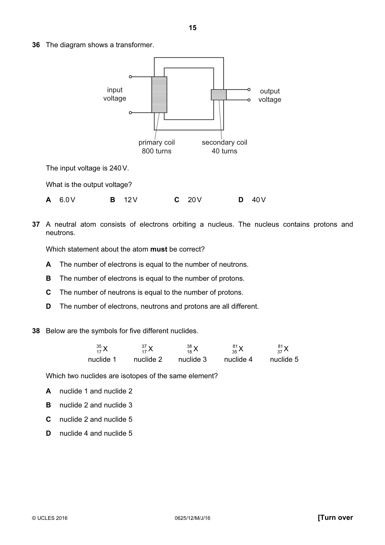 Cambridge IGCSE Physics 0625 2016 May/June Paper 1 · Variant 2 question paper, page 15 of 16