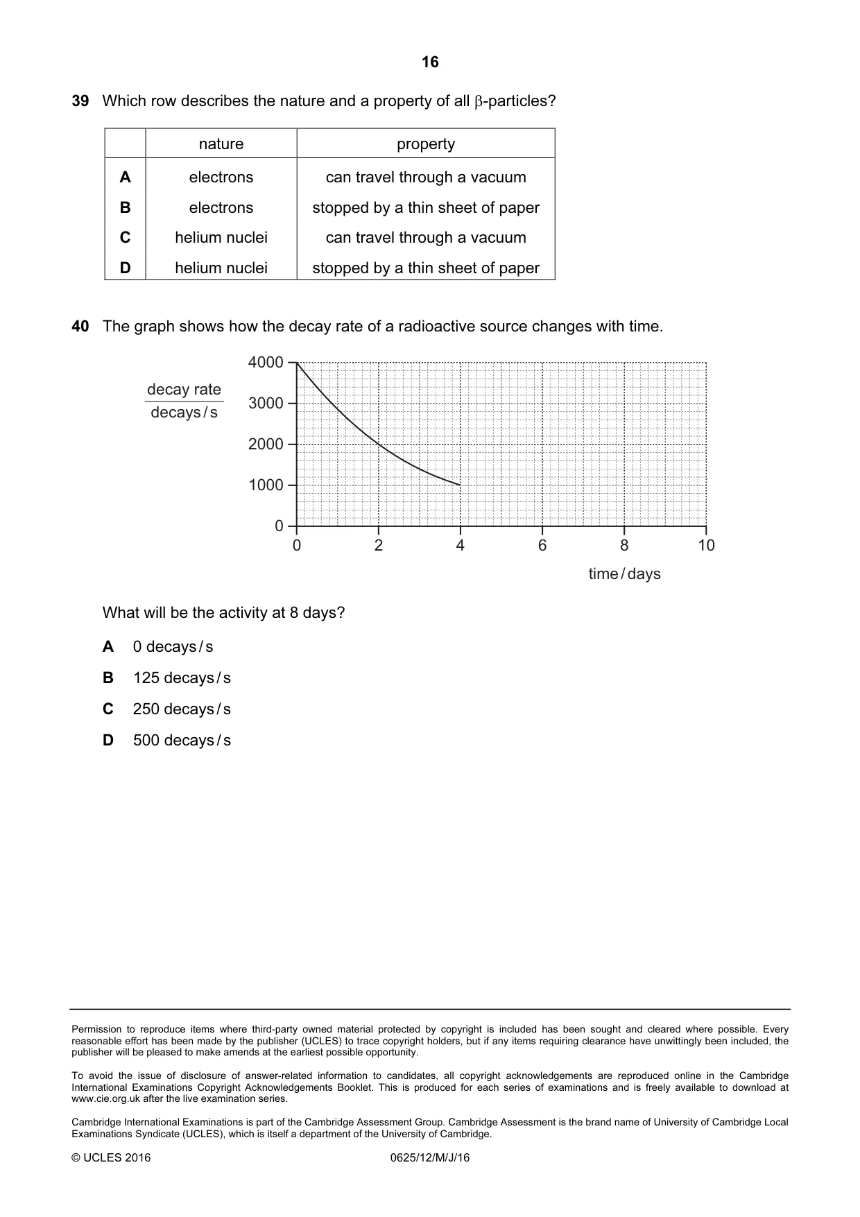 Cambridge IGCSE Physics 0625 2016 May/June Paper 1 · Variant 2 question paper, page 16 of 16