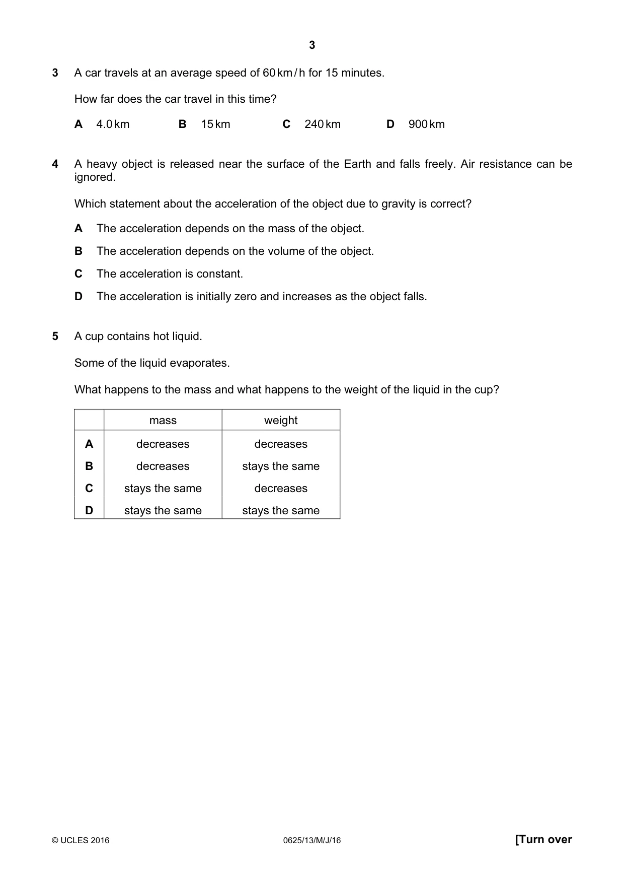 Cambridge IGCSE Physics 0625 2016 May/June Paper 1 · Variant 3 question paper, page 3 of 20