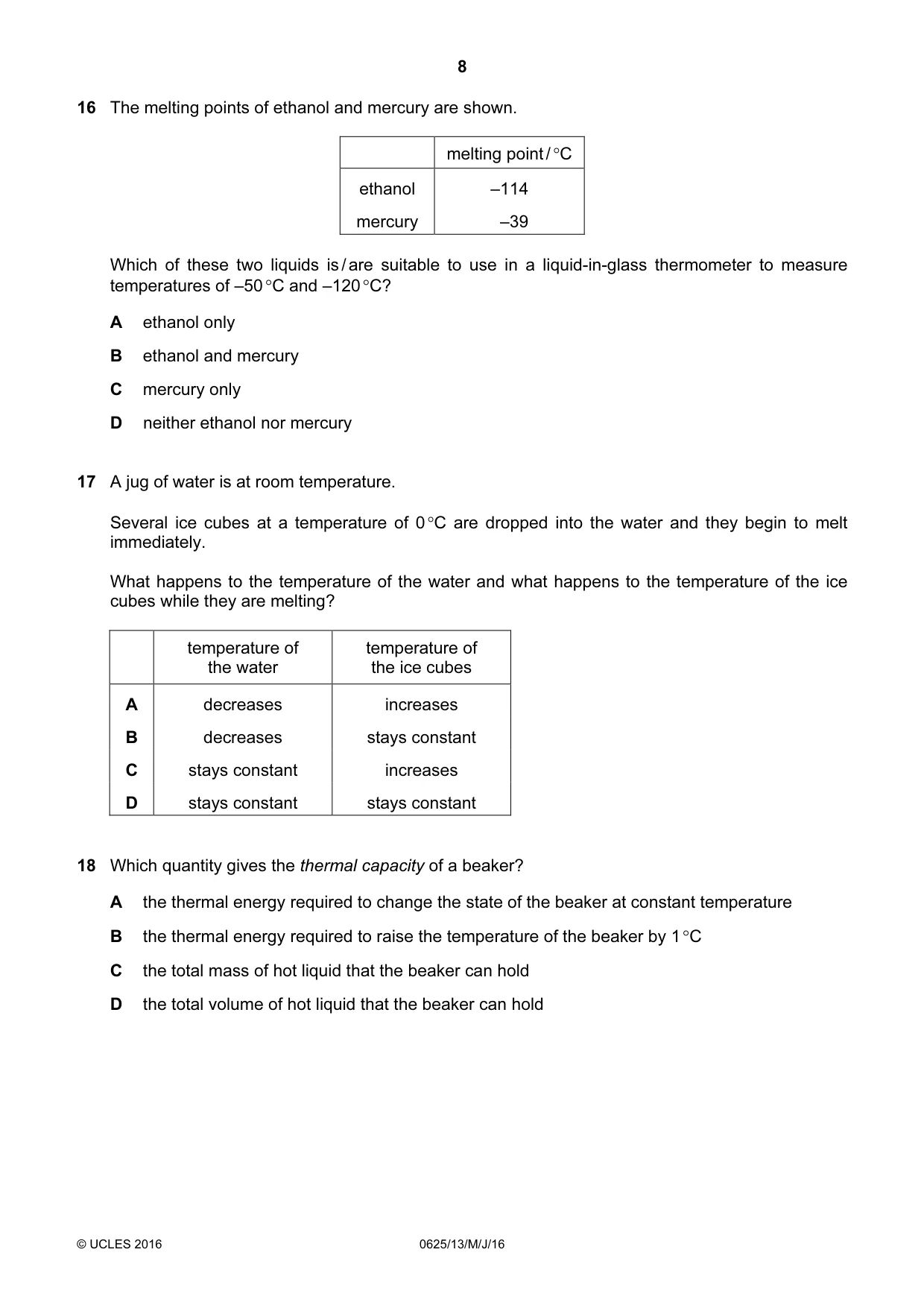 Cambridge IGCSE Physics 0625 2016 May/June Paper 1 · Variant 3 question paper, page 8 of 20