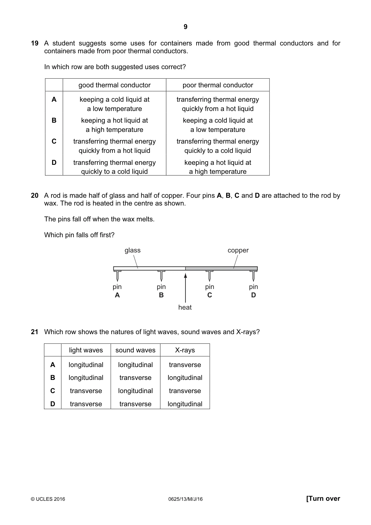 Cambridge IGCSE Physics 0625 2016 May/June Paper 1 · Variant 3 question paper, page 9 of 20