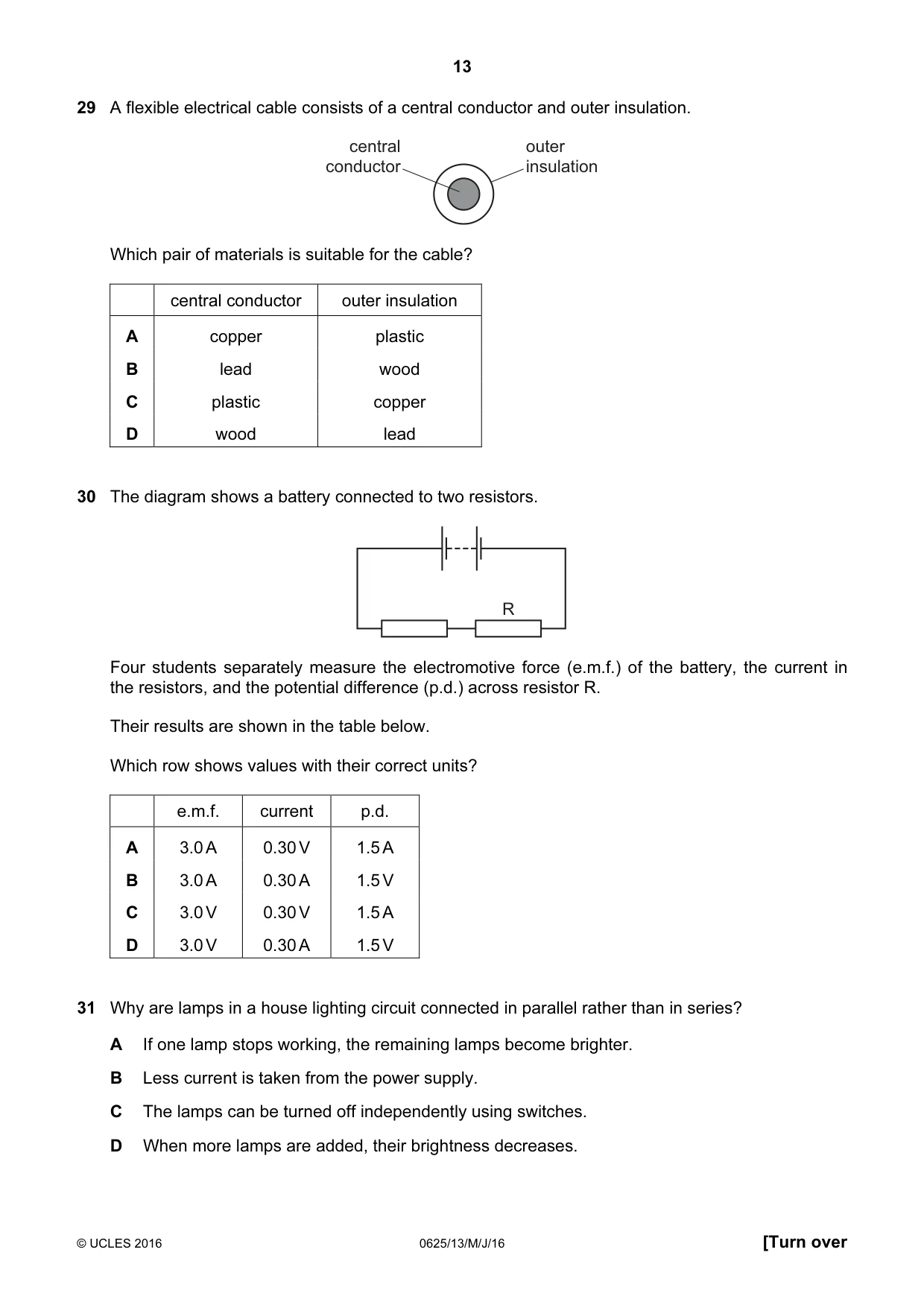 Cambridge IGCSE Physics 0625 2016 May/June Paper 1 · Variant 3 question paper, page 13 of 20
