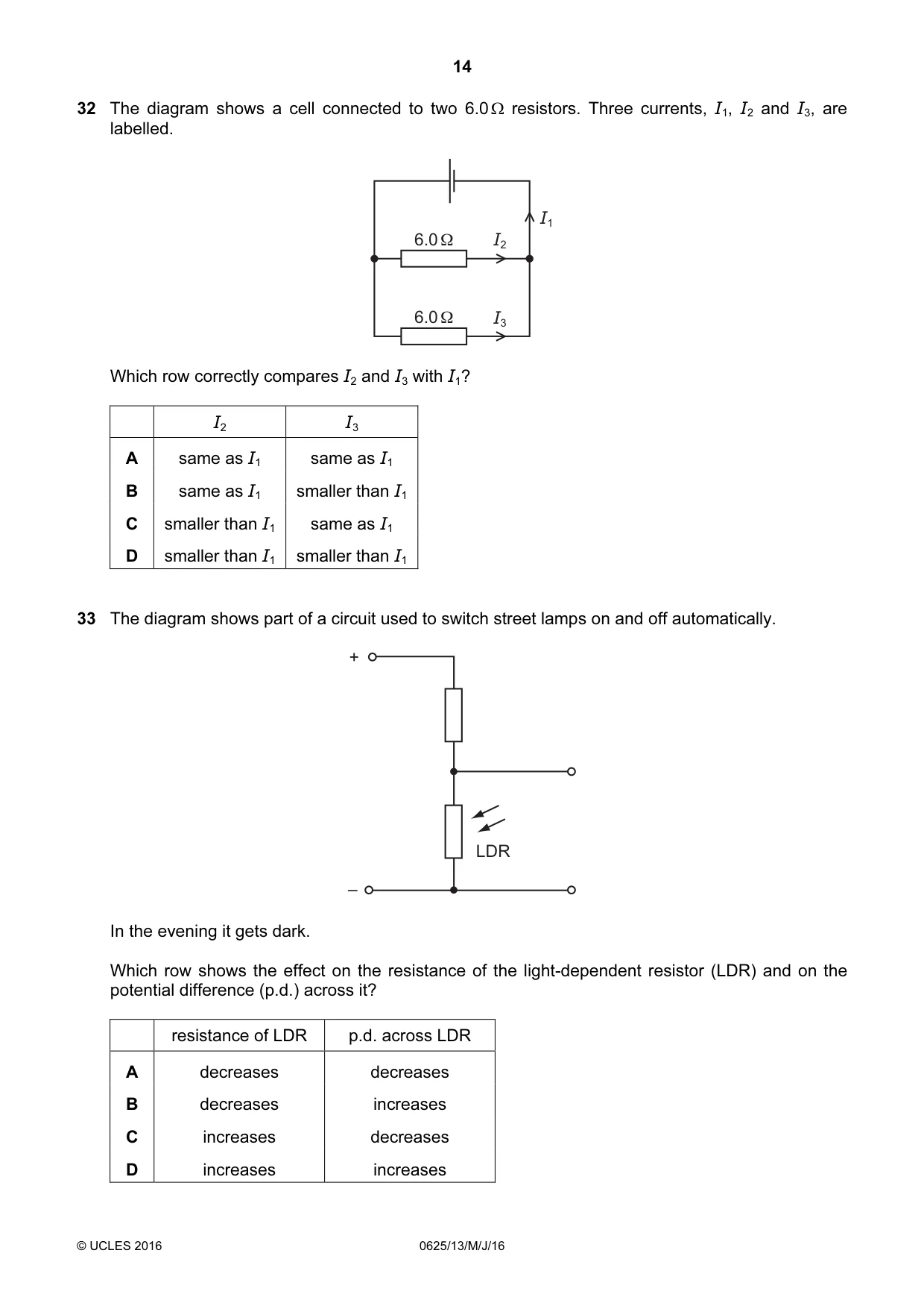 Cambridge IGCSE Physics 0625 2016 May/June Paper 1 · Variant 3 question paper, page 14 of 20