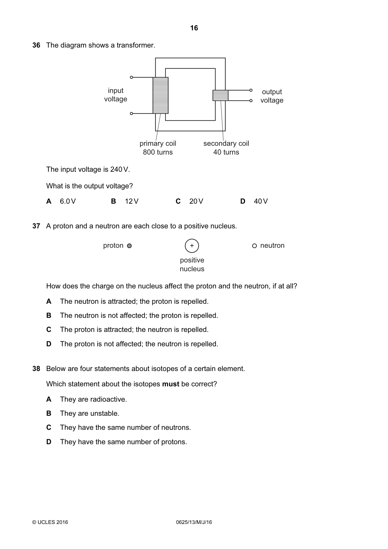Cambridge IGCSE Physics 0625 2016 May/June Paper 1 · Variant 3 question paper, page 16 of 20