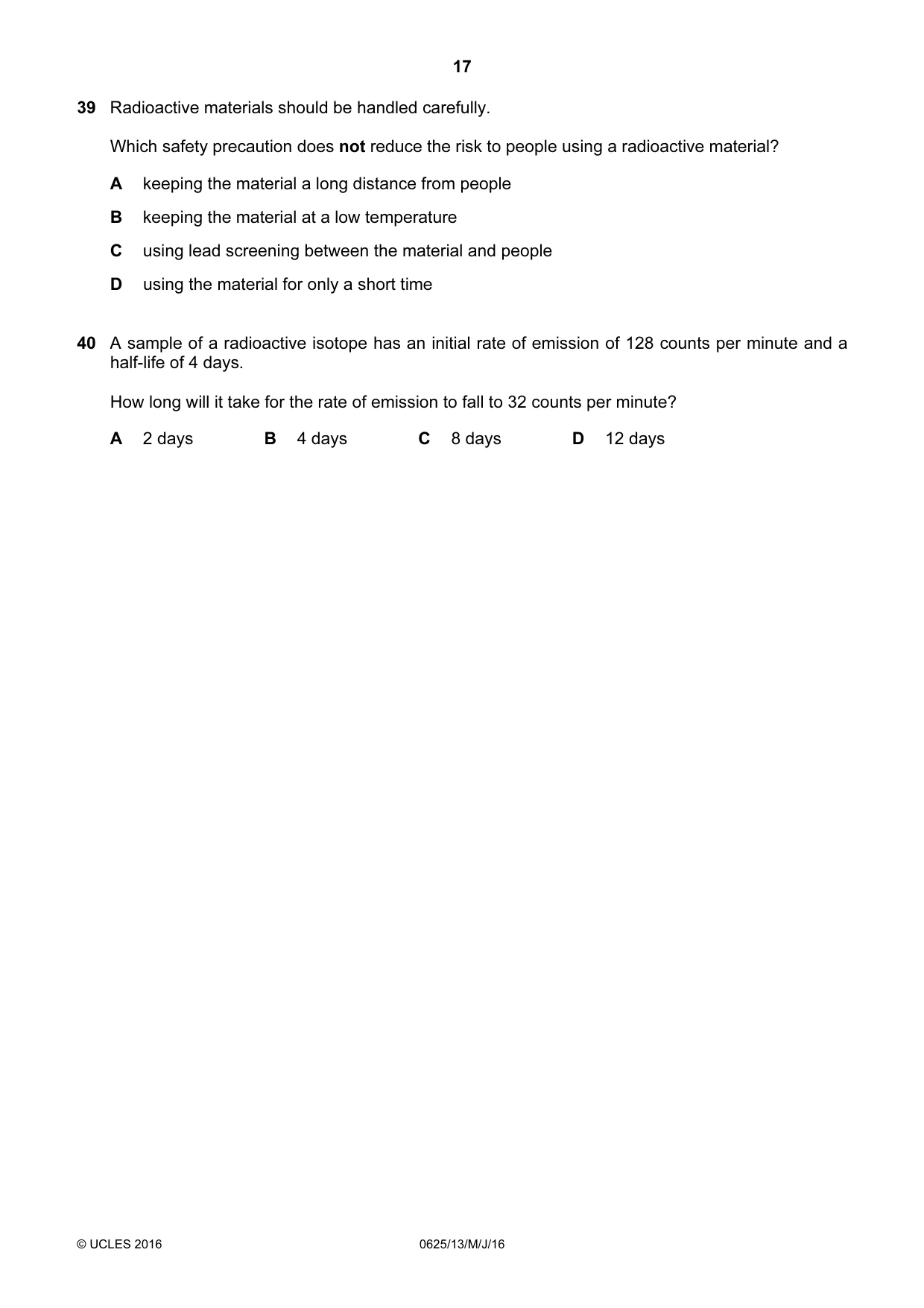 Cambridge IGCSE Physics 0625 2016 May/June Paper 1 · Variant 3 question paper, page 17 of 20