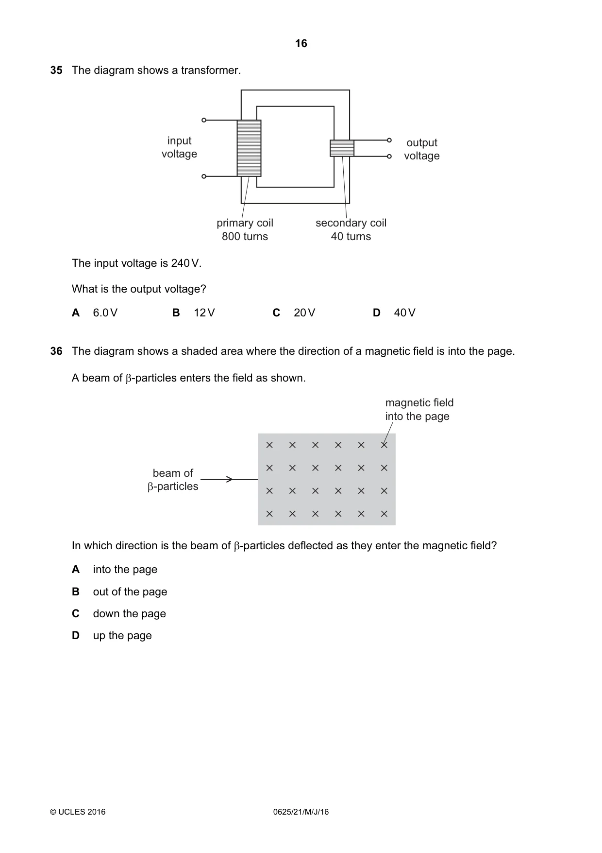 Cambridge IGCSE Physics 0625 2016 May/June Paper 2 · Variant 1 question paper, page 16 of 20