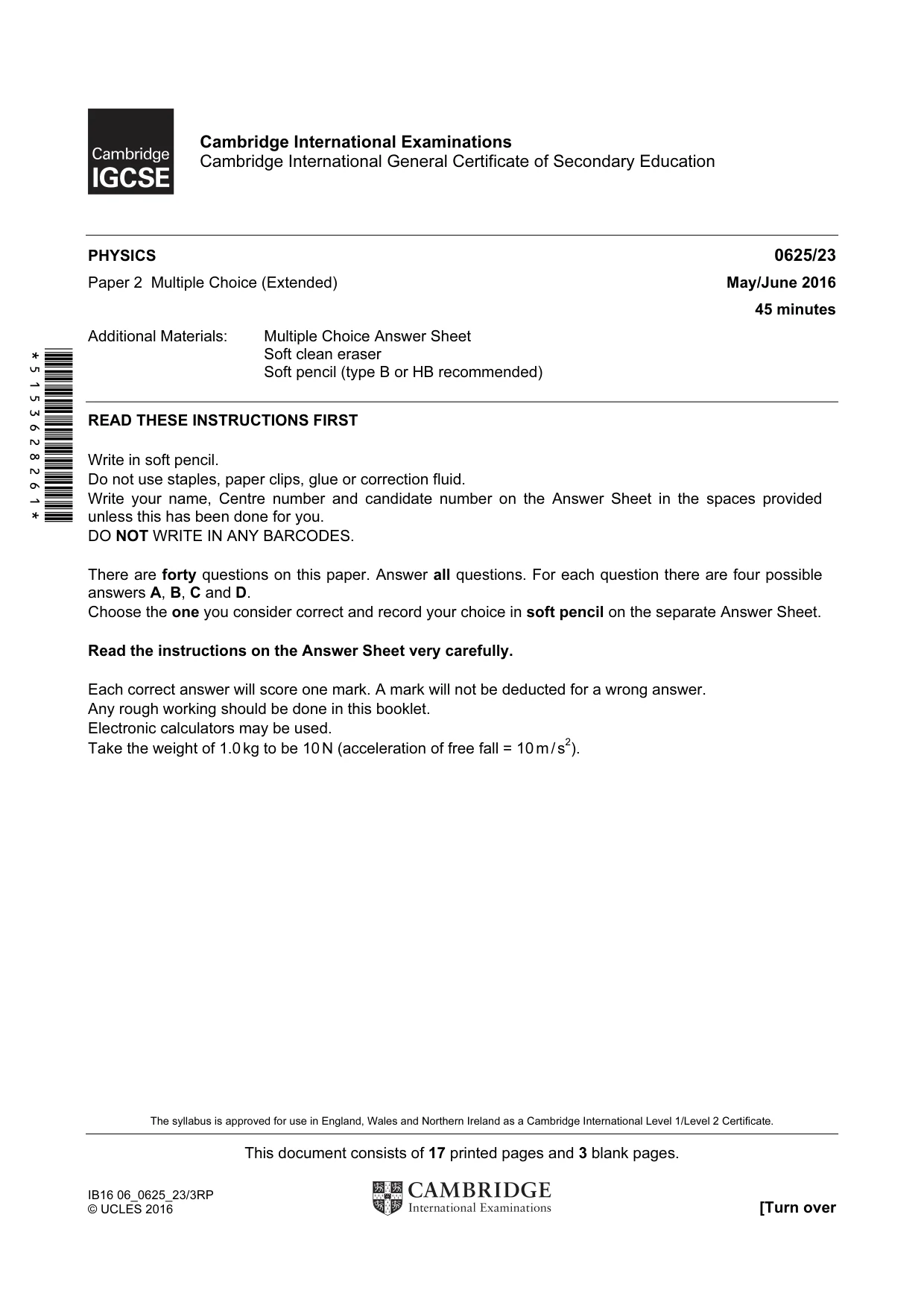 Cambridge IGCSE Physics 0625 2016 May/June Paper 2 · Variant 3 question paper, page 1 of 20