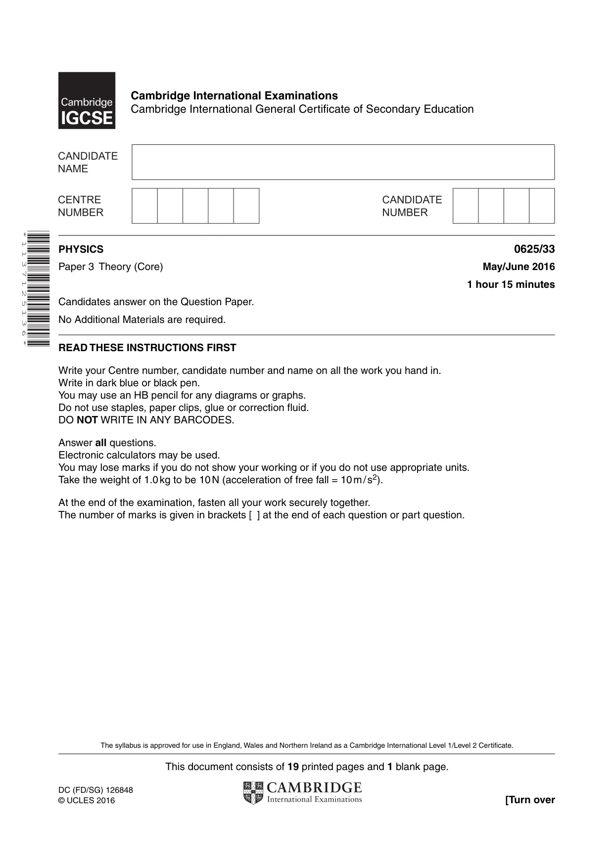 Cambridge IGCSE Physics 0625 2016 May/June Paper 3 · Variant 3 question paper, page 1 of 20