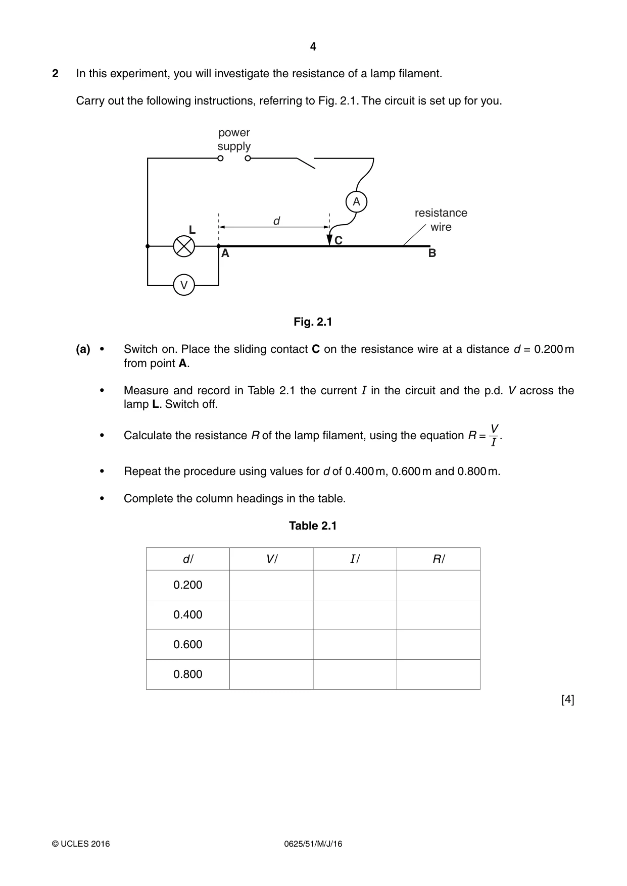 Cambridge IGCSE Physics 0625 2016 May/June Paper 5 · Variant 1 question paper, page 4 of 12