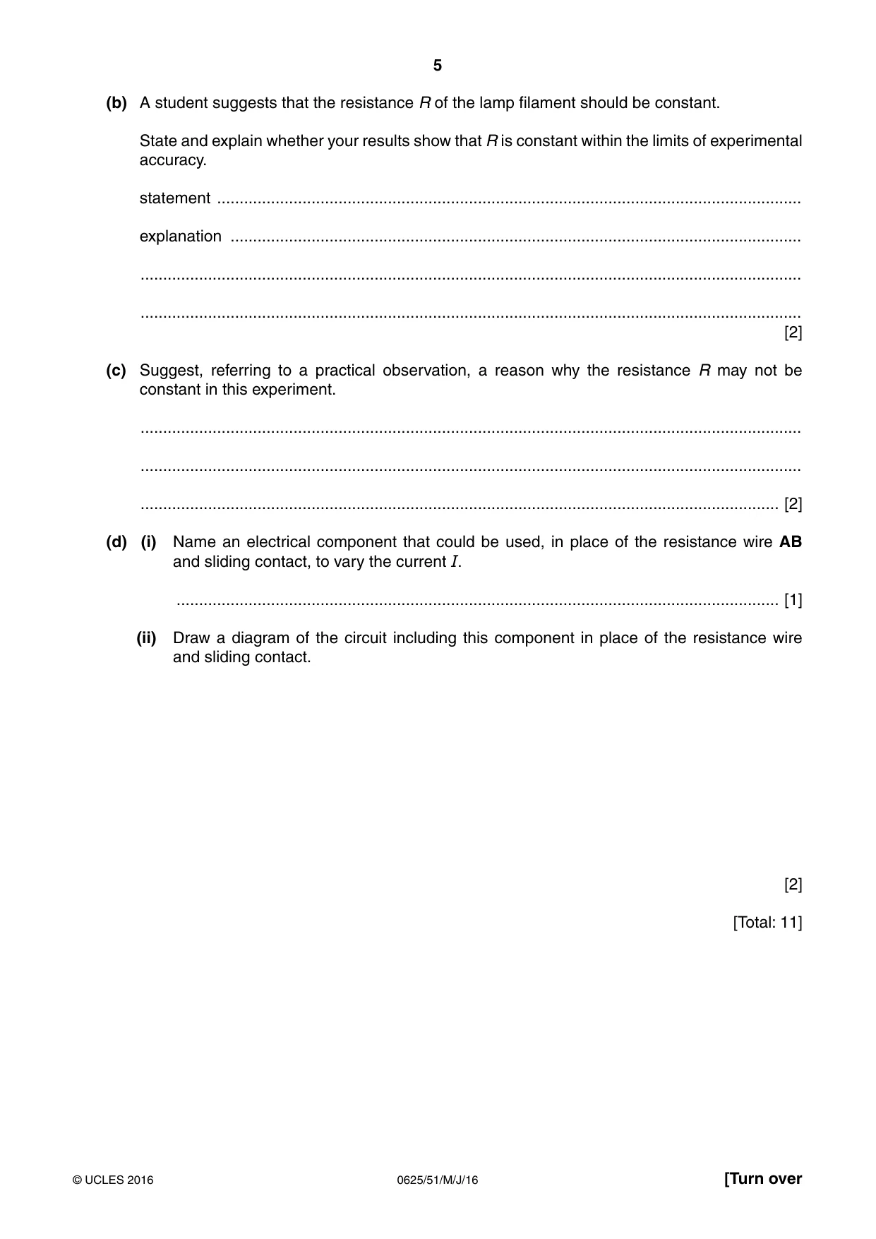 Cambridge IGCSE Physics 0625 2016 May/June Paper 5 · Variant 1 question paper, page 5 of 12
