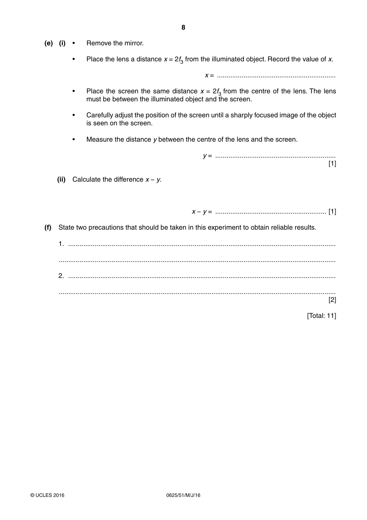 Cambridge IGCSE Physics 0625 2016 May/June Paper 5 · Variant 1 question paper, page 8 of 12