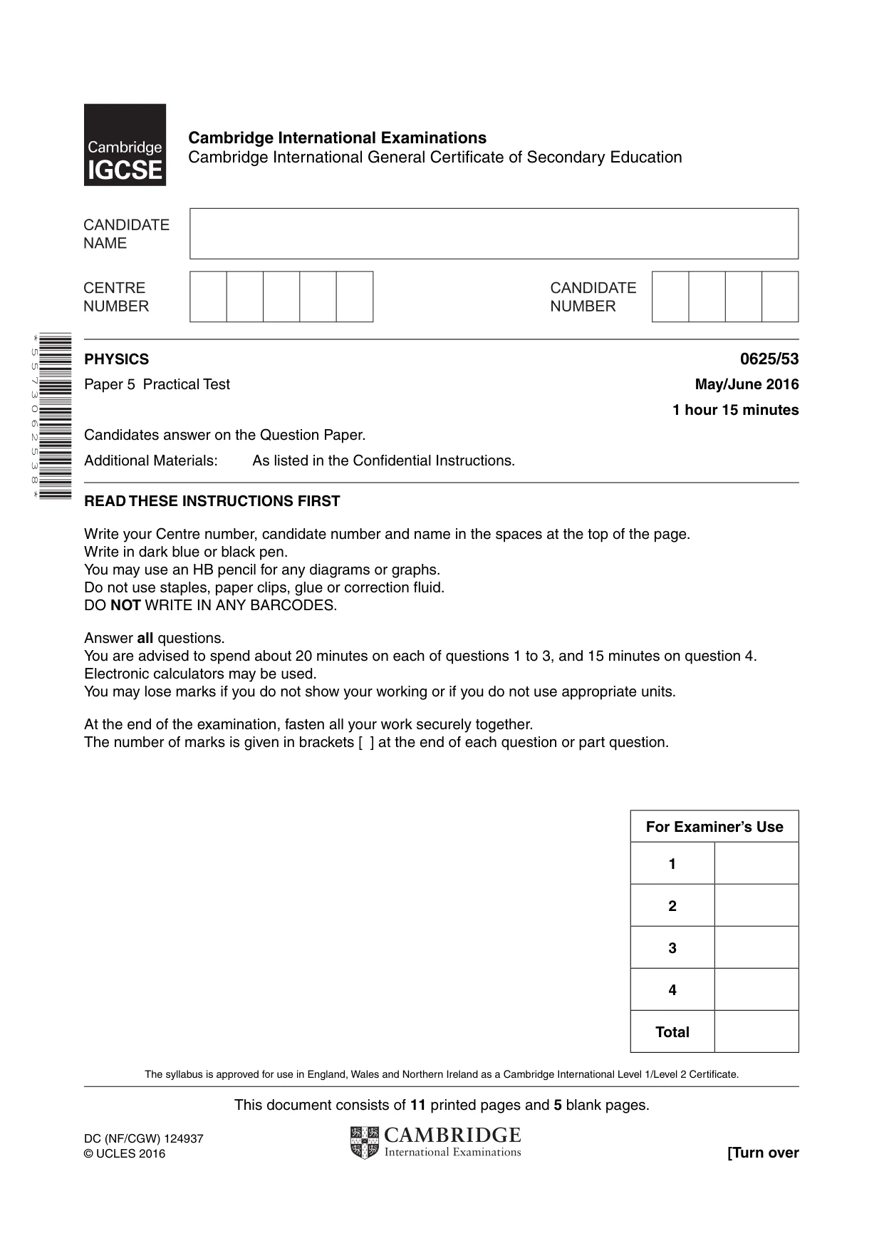 Cambridge IGCSE Physics 0625 2016 May/June Paper 5 · Variant 3 question paper, page 1 of 16