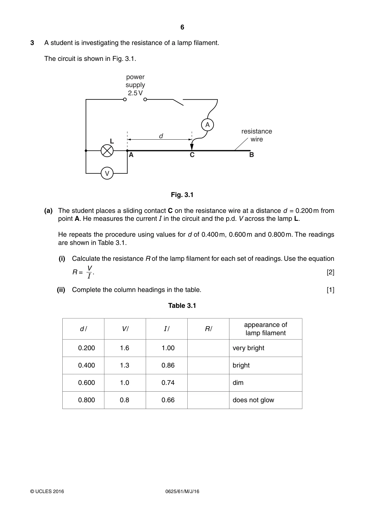 Cambridge IGCSE Physics 0625 2016 May/June Paper 6 · Variant 1 question paper, page 6 of 12