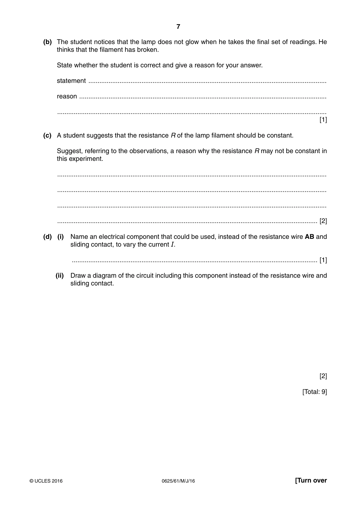 Cambridge IGCSE Physics 0625 2016 May/June Paper 6 · Variant 1 question paper, page 7 of 12