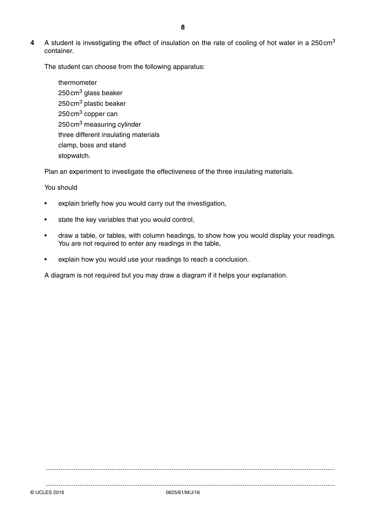 Cambridge IGCSE Physics 0625 2016 May/June Paper 6 · Variant 1 question paper, page 8 of 12