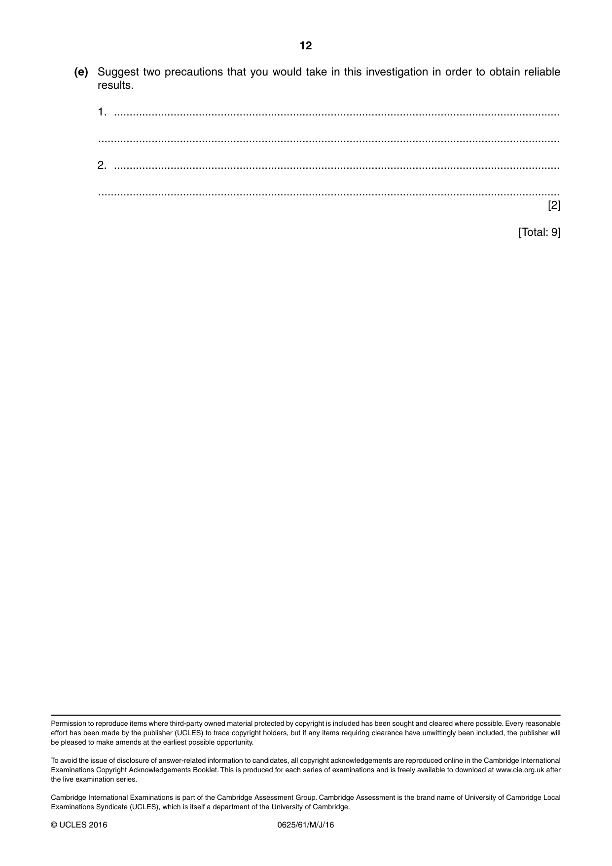 Cambridge IGCSE Physics 0625 2016 May/June Paper 6 · Variant 1 question paper, page 12 of 12