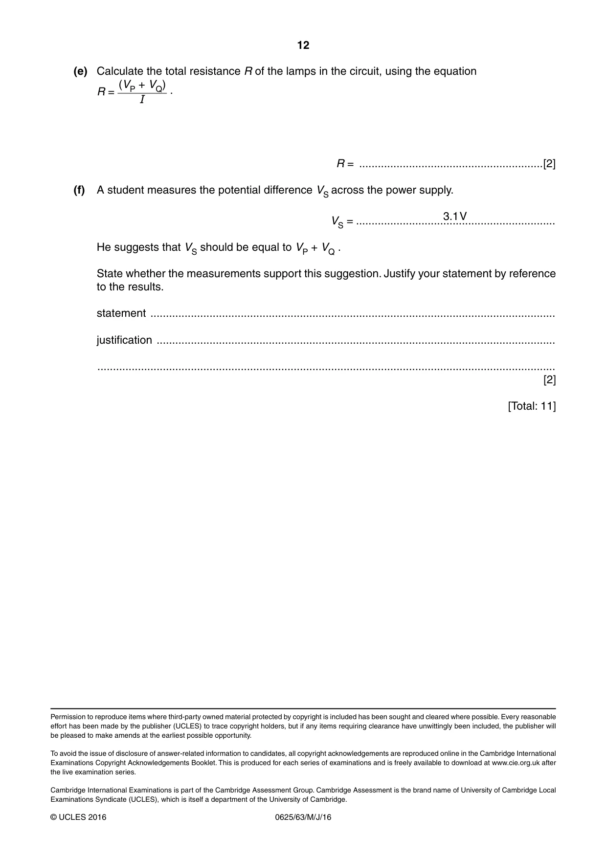Cambridge IGCSE Physics 0625 2016 May/June Paper 6 · Variant 3 question paper, page 12 of 12