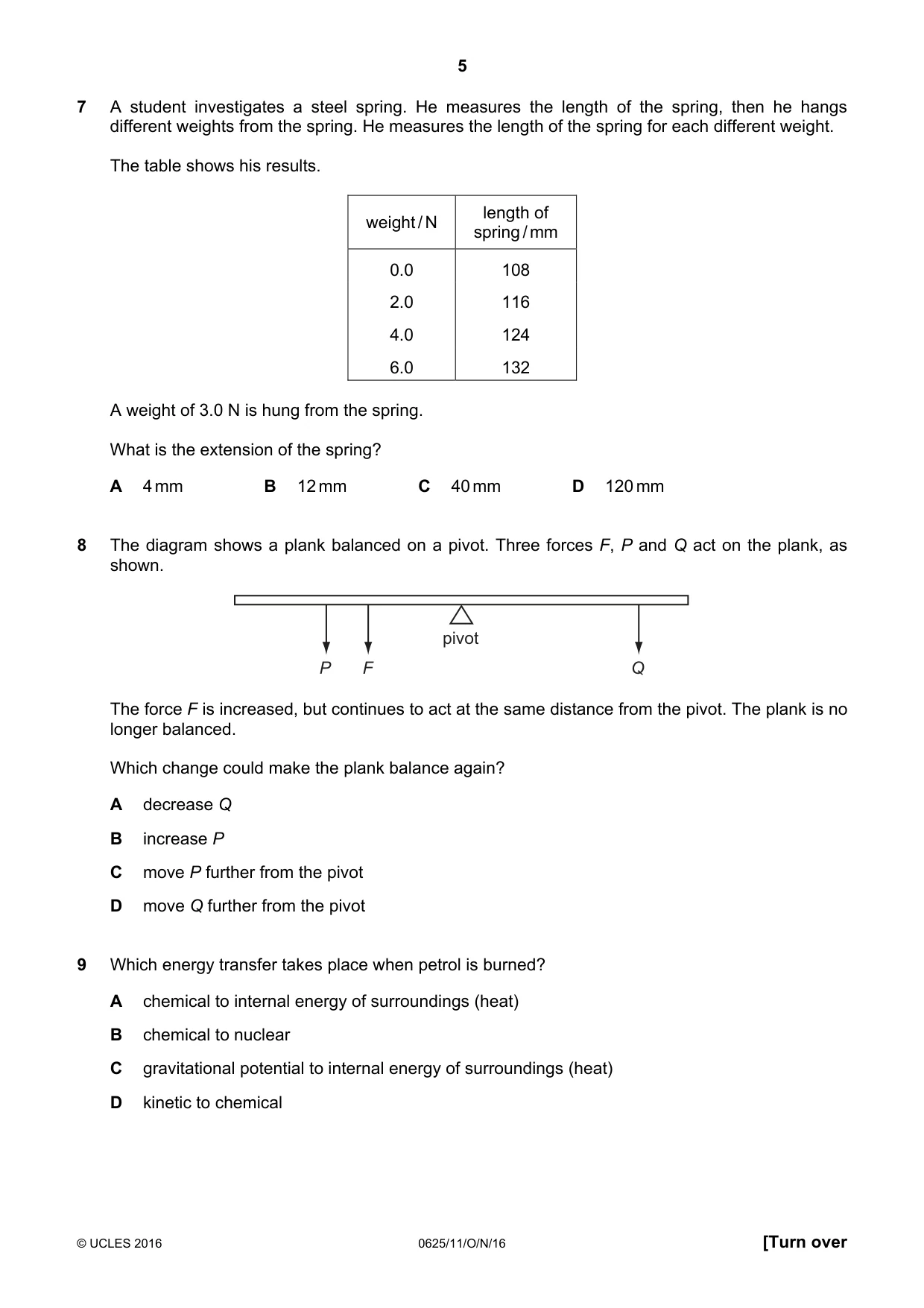 Cambridge IGCSE Physics 0625 2016 Oct/Nov Paper 1 · Variant 1 question paper, page 5 of 20