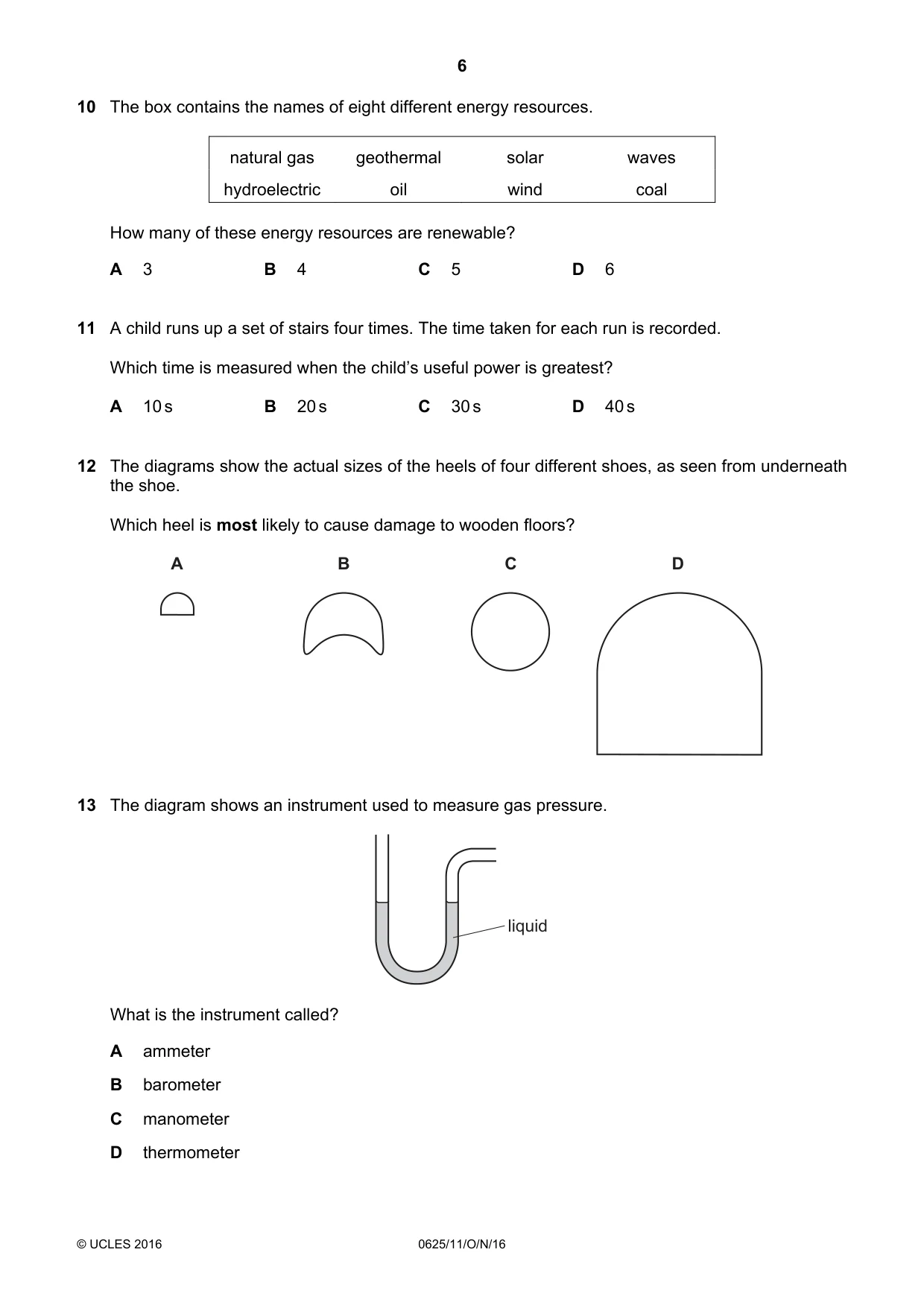 Cambridge IGCSE Physics 0625 2016 Oct/Nov Paper 1 · Variant 1 question paper, page 6 of 20