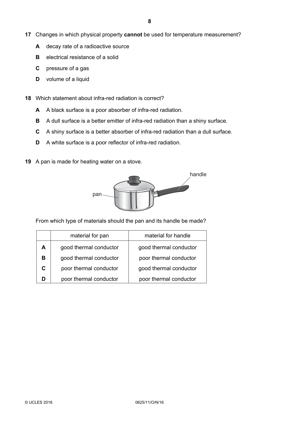 Cambridge IGCSE Physics 0625 2016 Oct/Nov Paper 1 · Variant 1 question paper, page 8 of 20