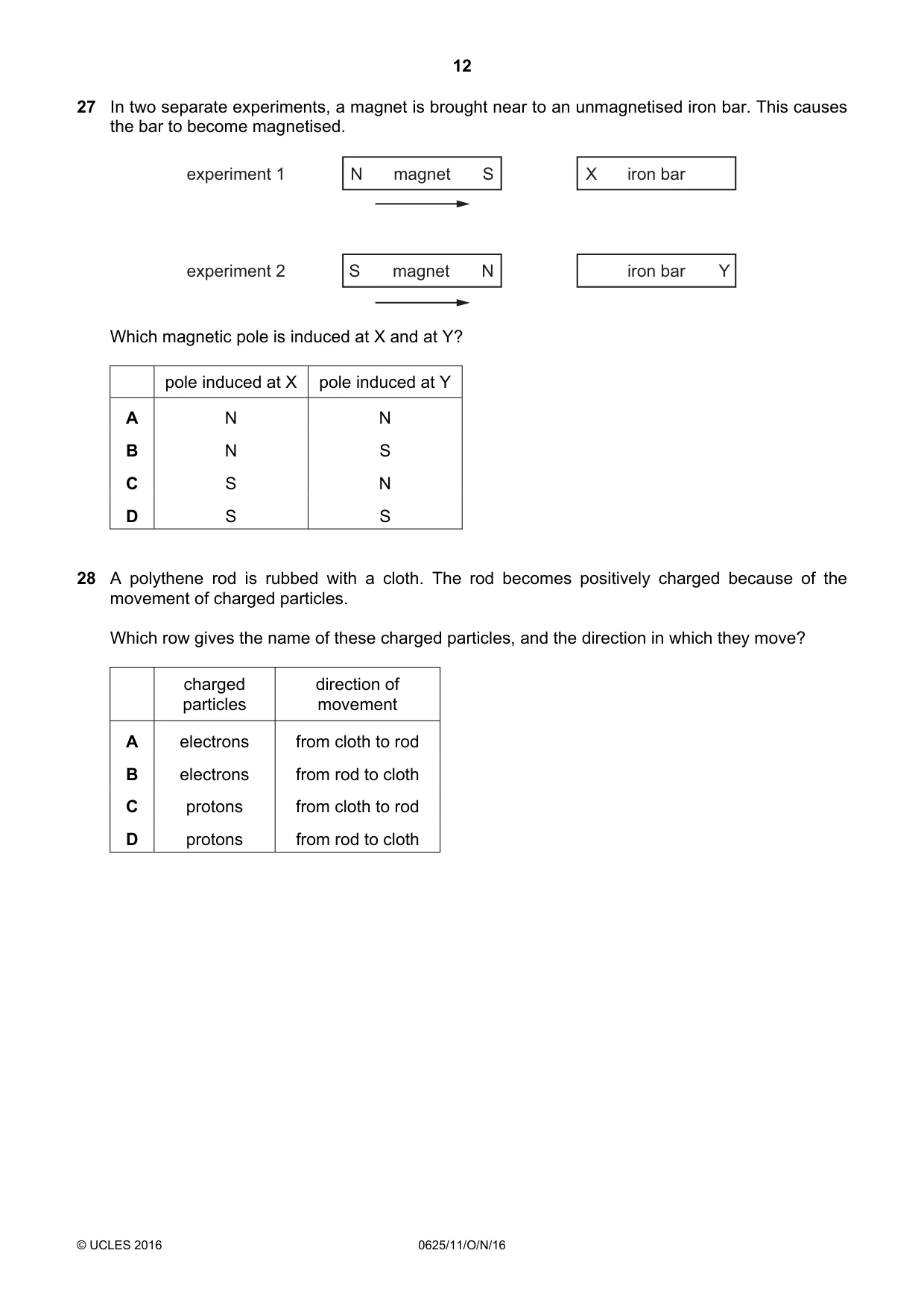 Cambridge IGCSE Physics 0625 2016 Oct/Nov Paper 1 · Variant 1 question paper, page 12 of 20