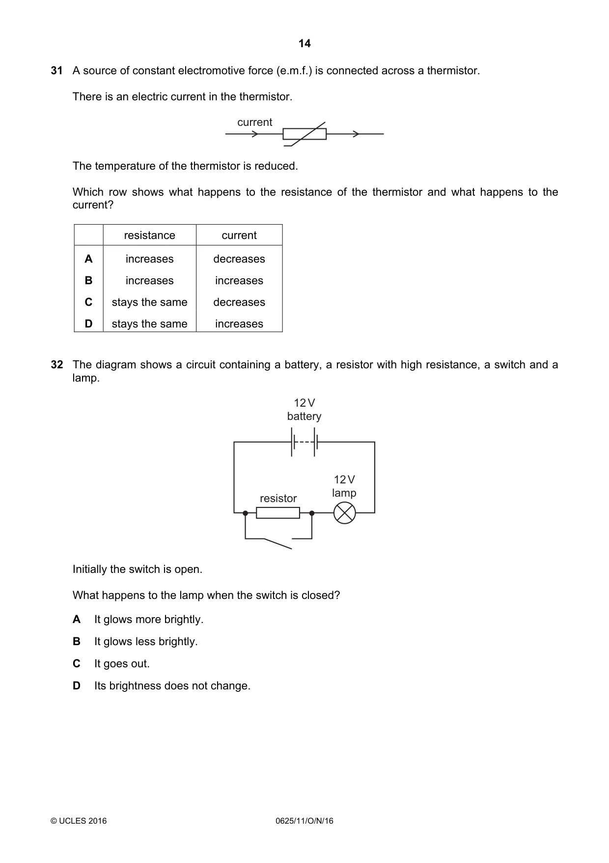 Cambridge IGCSE Physics 0625 2016 Oct/Nov Paper 1 · Variant 1 question paper, page 14 of 20