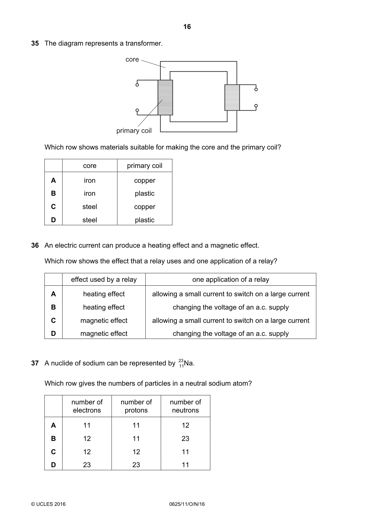 Cambridge IGCSE Physics 0625 2016 Oct/Nov Paper 1 · Variant 1 question paper, page 16 of 20