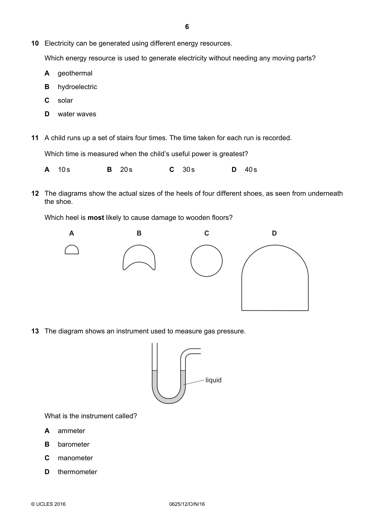 Cambridge IGCSE Physics 0625 2016 Oct/Nov Paper 1 · Variant 2 question paper, page 6 of 20