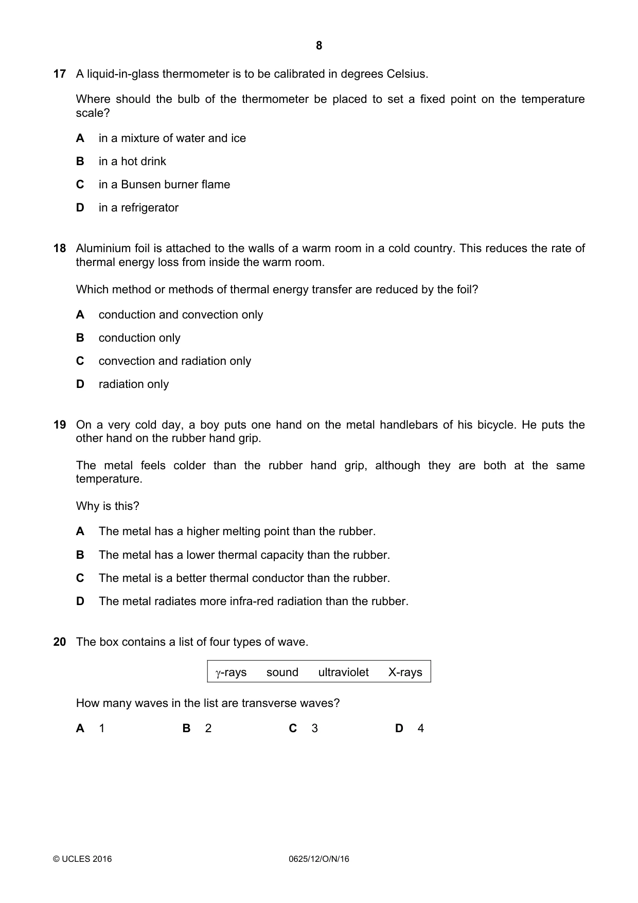 Cambridge IGCSE Physics 0625 2016 Oct/Nov Paper 1 · Variant 2 question paper, page 8 of 20