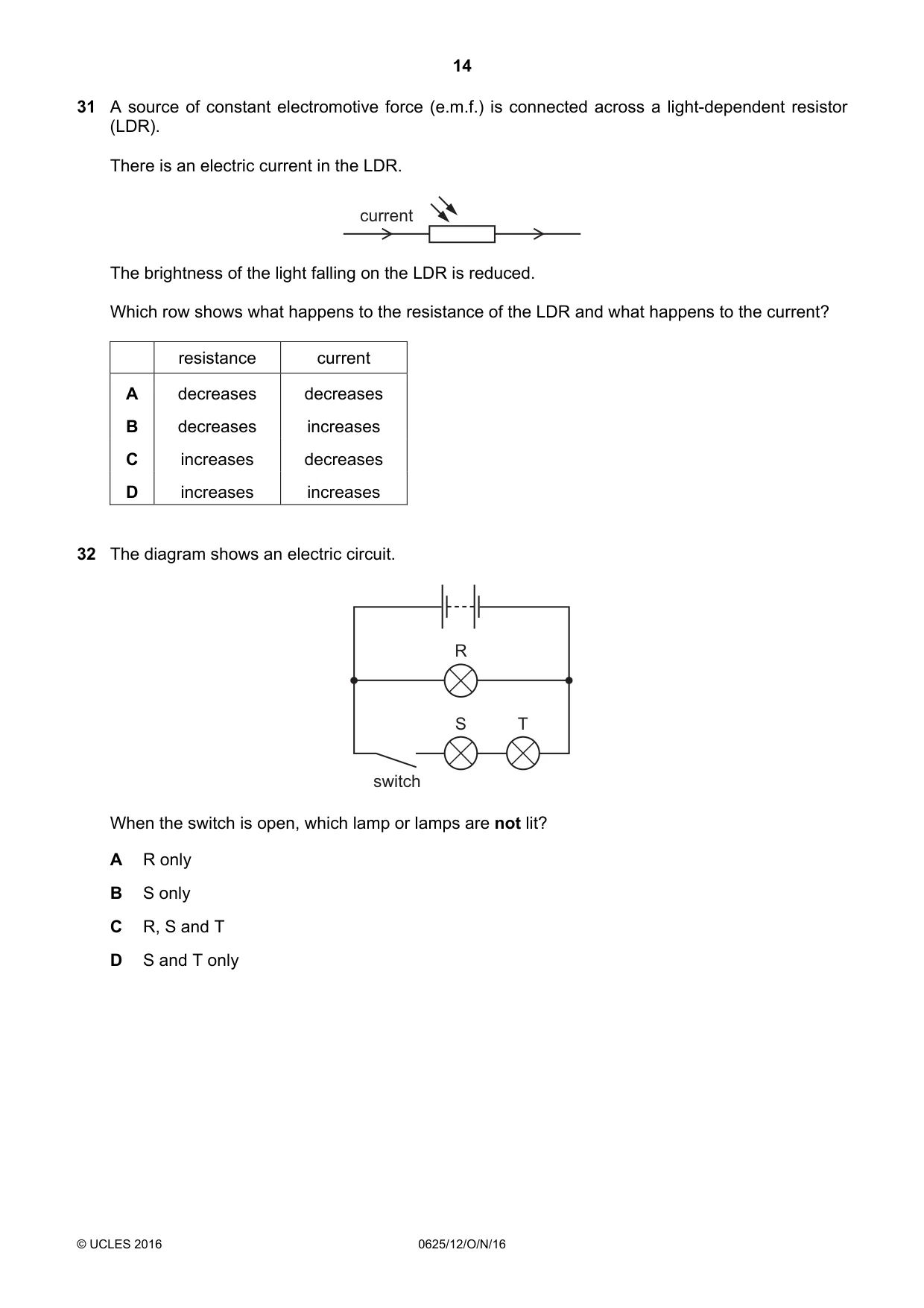 Cambridge IGCSE Physics 0625 2016 Oct/Nov Paper 1 · Variant 2 question paper, page 14 of 20