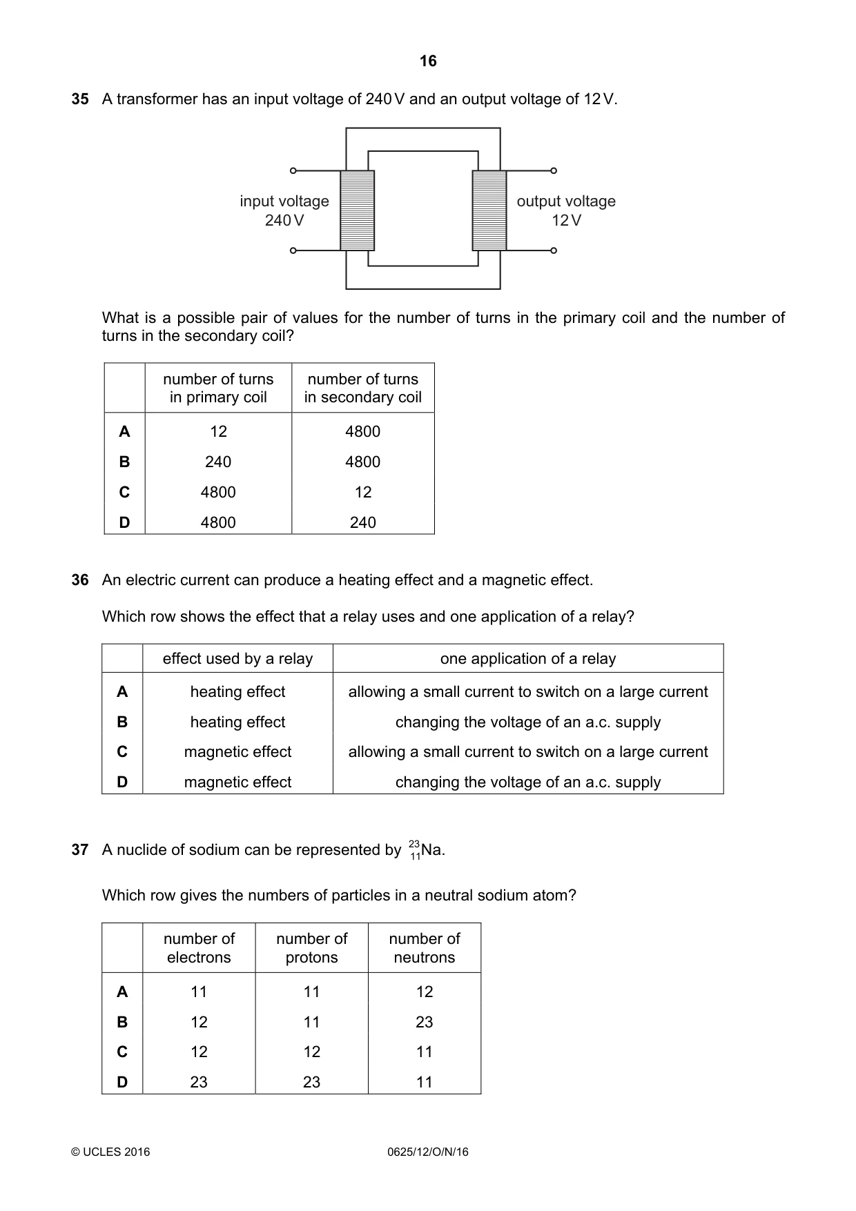 Cambridge IGCSE Physics 0625 2016 Oct/Nov Paper 1 · Variant 2 question paper, page 16 of 20