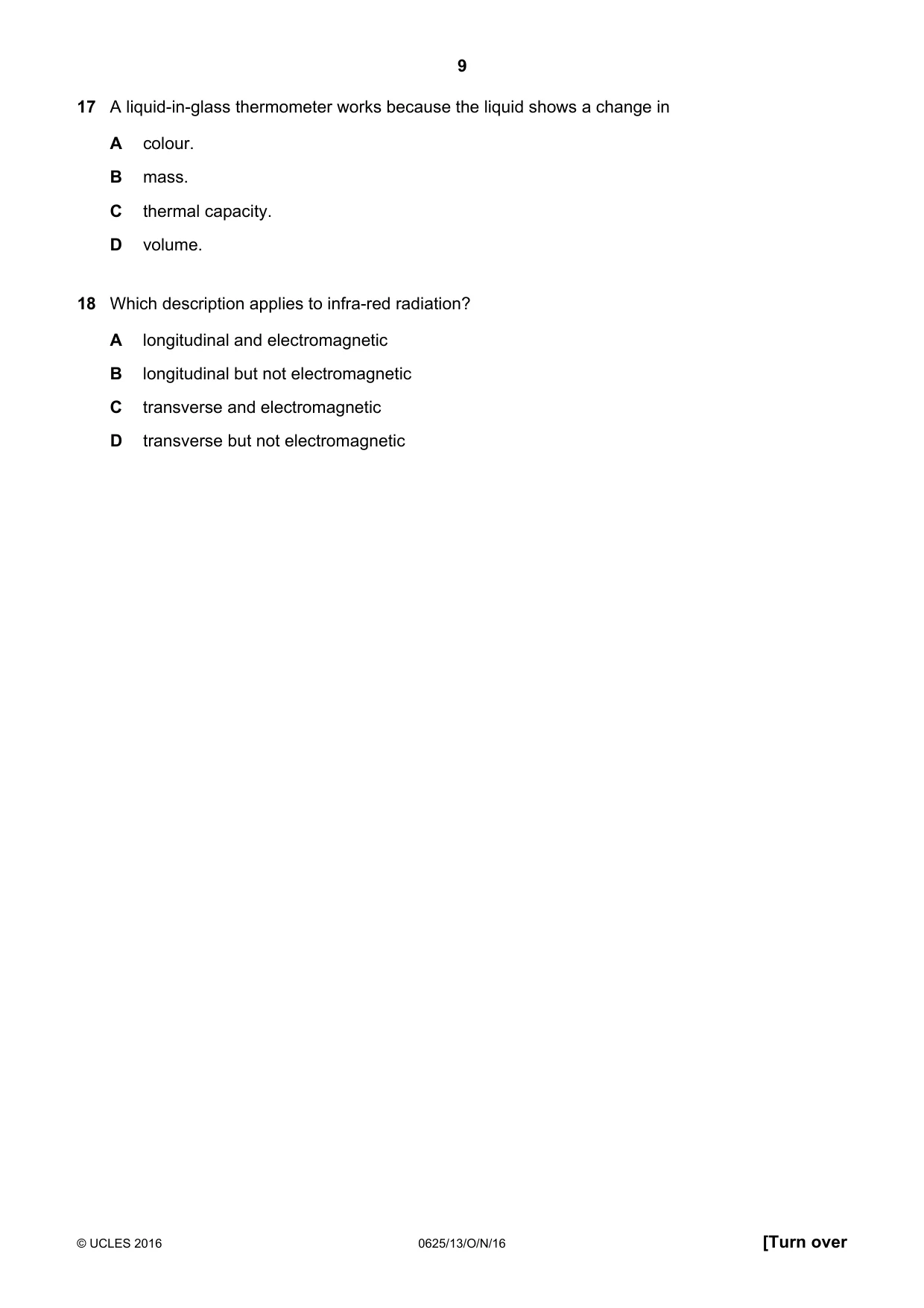 Cambridge IGCSE Physics 0625 2016 Oct/Nov Paper 1 · Variant 3 question paper, page 9 of 20