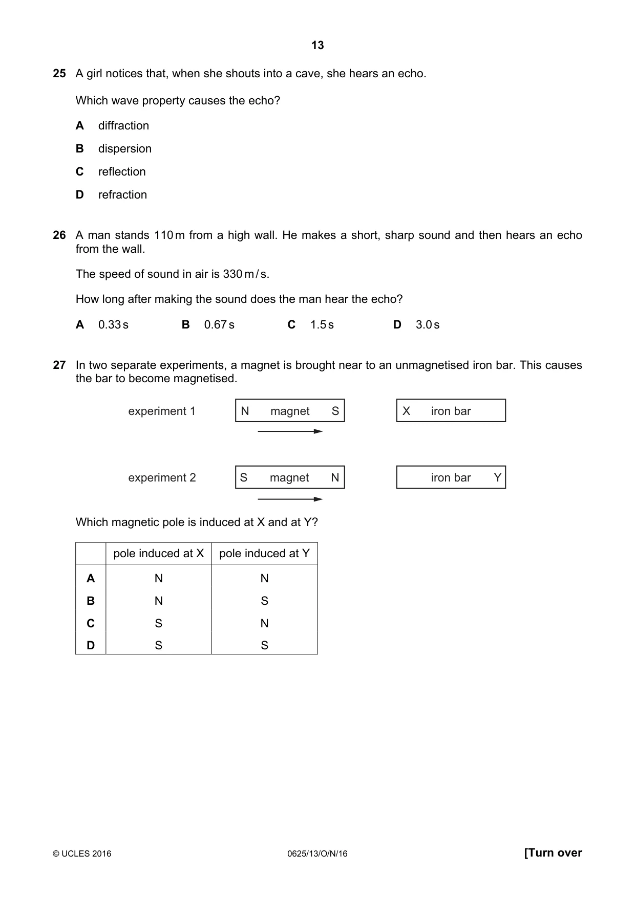 Cambridge IGCSE Physics 0625 2016 Oct/Nov Paper 1 · Variant 3 question paper, page 13 of 20
