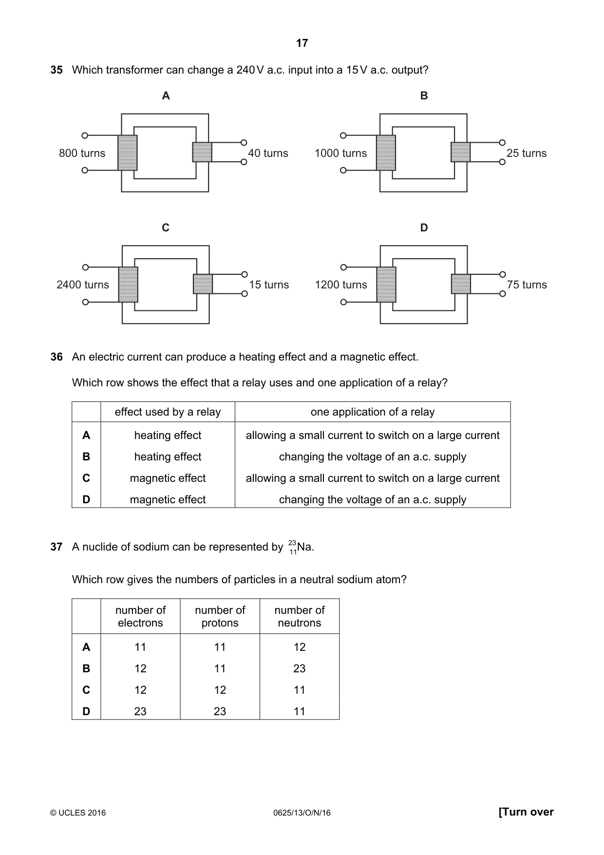 Cambridge IGCSE Physics 0625 2016 Oct/Nov Paper 1 · Variant 3 question paper, page 17 of 20