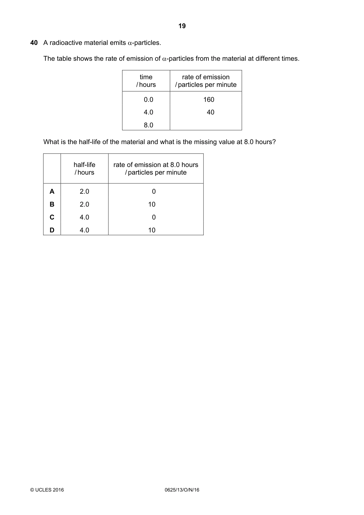 Cambridge IGCSE Physics 0625 2016 Oct/Nov Paper 1 · Variant 3 question paper, page 19 of 20