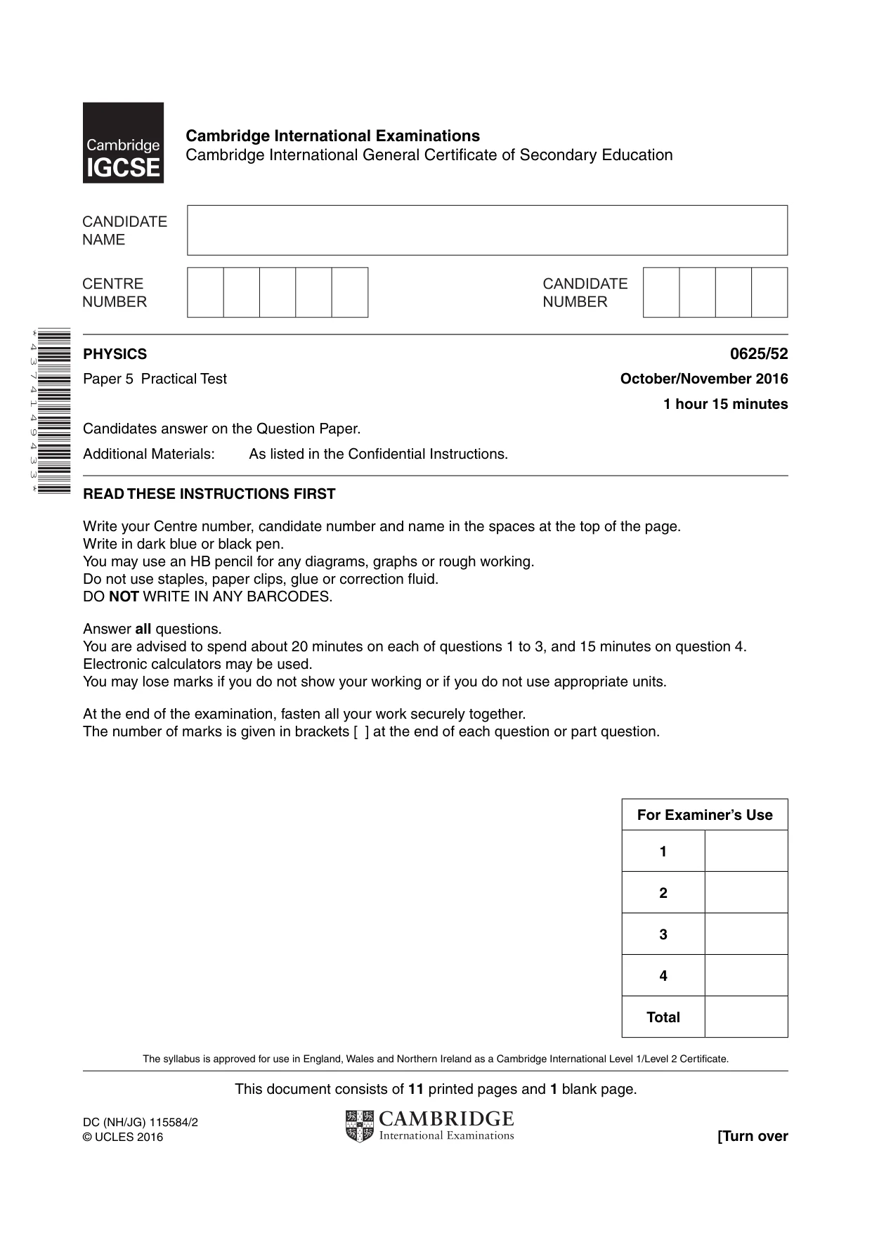 Cambridge IGCSE Physics 0625 2016 Oct/Nov Paper 5 · Variant 2 question paper, page 1 of 12