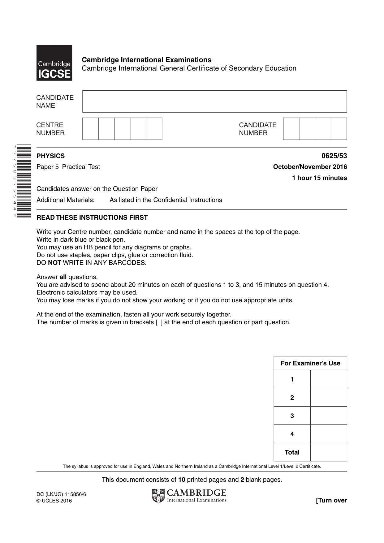 Cambridge IGCSE Physics 0625 2016 Oct/Nov Paper 5 · Variant 3 question paper, page 1 of 12