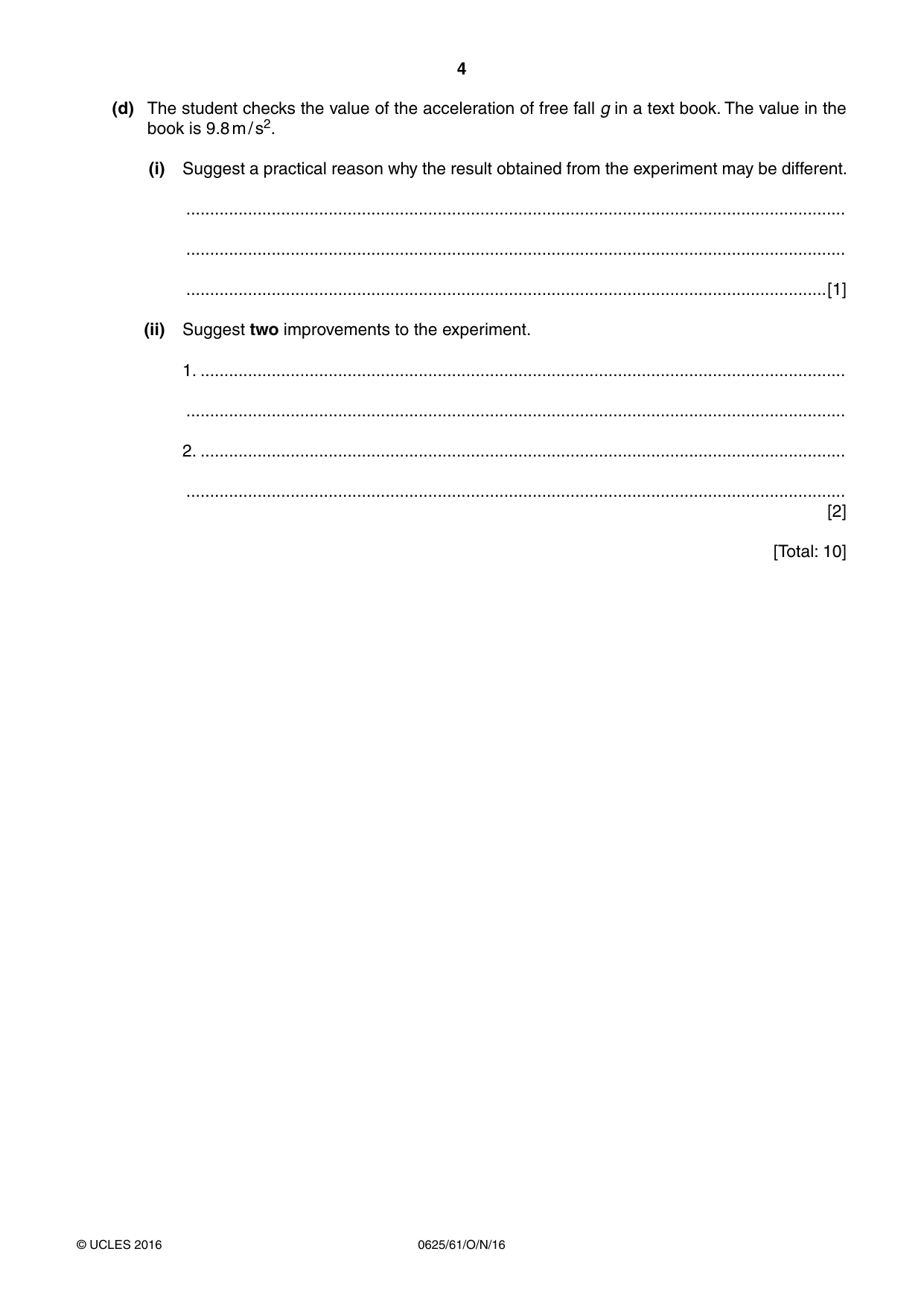 Cambridge IGCSE Physics 0625 2016 Oct/Nov Paper 6 · Variant 1 question paper, page 4 of 16