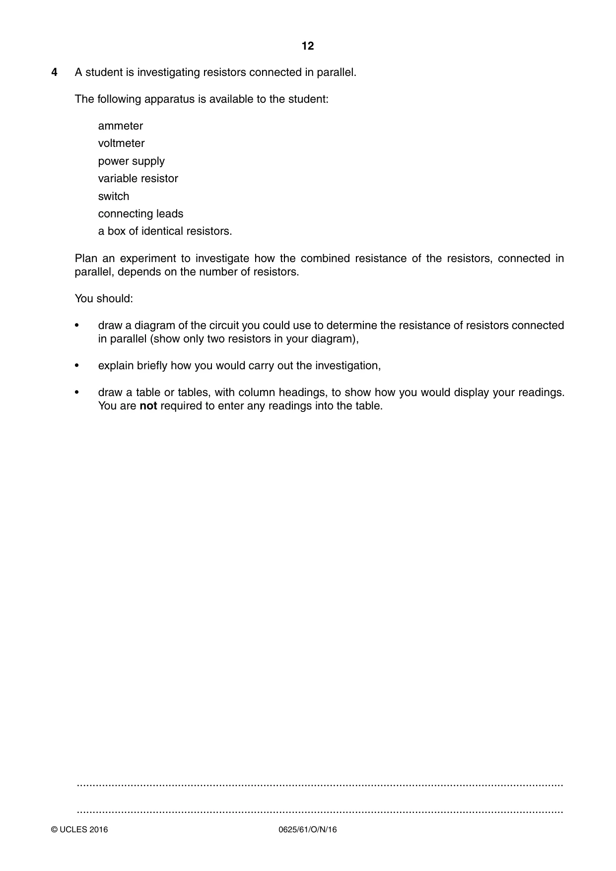 Cambridge IGCSE Physics 0625 2016 Oct/Nov Paper 6 · Variant 1 question paper, page 12 of 16