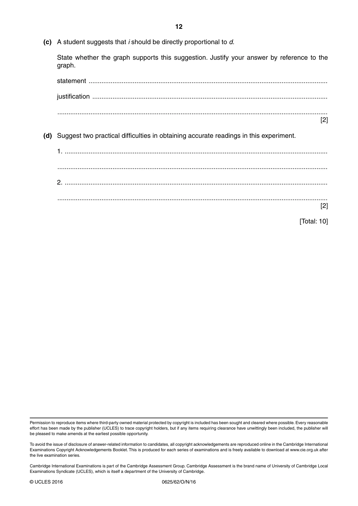 Cambridge IGCSE Physics 0625 2016 Oct/Nov Paper 6 · Variant 2 question paper, page 12 of 12