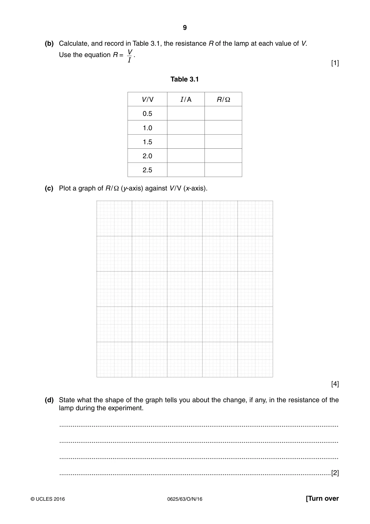 Cambridge IGCSE Physics 0625 2016 Oct/Nov Paper 6 · Variant 3 question paper, page 9 of 12